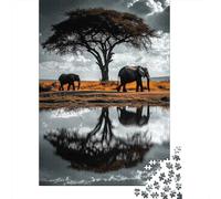 African Elephant Under Tree 1000 Piece Jigsaw Puzzle Paper for Adults Reflection Landscape Relaxing Focus Home Decor 38x26cm/1000pcs