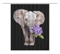 African Elephant with Violet Flower Funny Shower Curtain with Grommets And Hooks for Bathroom Hotel
