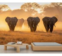 African Elephants Mural Grassland Elephant Herd Wallpaper Natural Scenery Wall Mural Oversized Wall Poster Style Playroom Cafe Decor Poster Background Decor (Non-self-Adhesive)