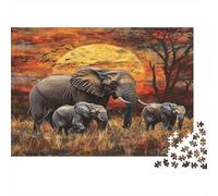 African Elephants-Safari Wildlife Art Style Jigsaw Puzzles 1000 Pieces Using Premium Cardboard Centenary Jigsaws Moonlit Elephant Herd for Cognitive Stimulation in Team Building Games 38x26cm/1000pcs