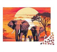 African Elephants Sunset Landscape 1000 Piece Jigsaw Puzzle Paper Jigsaw Puzzle for Adults Relaxation 52x38cm/1000pcs