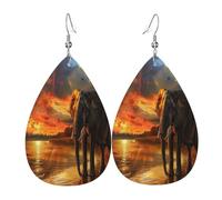 African elephants taking a walk by the river under the sunset Women's Teardrop Leather Earrings - Lightweight PVC Dangle Earrings, 925 Silver Hooks, Double-Sided Prints | Hypoallergenic Gift