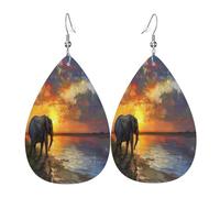 African elephants taking a walk by the seaside under the sunset Women's Teardrop Leather Earrings - Lightweight PVC Dangle Earrings, 925 Silver Hooks, Double-Sided Prints | Hypoallergenic Gift