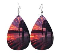 African elephants taking a walk under the dazzling sunset Women's Teardrop Leather Earrings - Lightweight PVC Dangle Earrings, 925 Silver Hooks, Double-Sided Prints | Hypoallergenic Gift