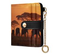 African Elephants Trees Orange Pattern Small Women Wallet RFID Blocking Bifold PU Leather Compact Card Holder with Coin Pocket Zipper Purse for Women Ladies Girls