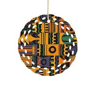 African Ethnic Pattern Ceramic Christmas Ornaments 3 Inch Round Double-Sided Xmas Tree Decorations Pendant with Gold Ribbon for Home Holiday Decor, Gift for Family & Friends