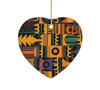African Ethnic Pattern Ceramic Christmas Ornaments Personalized Heart Porcelain Hanging Pendant Double-Sided Printing Xmas Tree Ornament for Holiday Keepsake Gifts 3 Inch