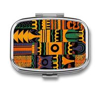 African Ethnic Pattern Pill Box - 2 Compartment Travel Pill Organizer with Small Mirror, Portable Pillcase for Pocket & Purse, Cute Square Medicine Case, Weekly Medicine Container