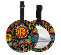 African Ethnic Round Luggage Tag 2PCS Indian PU Leather Travel Bag Tag ID Labels Name Card Holder wtih Buckle for Luggage Suitcase Backpacks