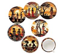African Ethnic Style Art Wooden Coasters, Savannah Sunset Design with Cork Base, 10 cm Round, Set of 6, Multicoloured