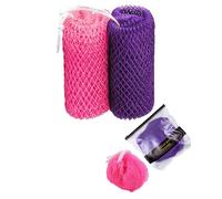 African Exfoliating Net Sponge with Knots，2 Pieces Afro ScrubExfoliating Net,Reusable Back Scrub Cloth forShower,Men & Women,BathBody Scrubber with Rope Handles (pink and purple)