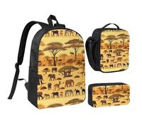 African Grassland Animals 17 Inch Backpack Lunch Bag Pencil Case Set, Cute Print, Durable Oxford Cloth.