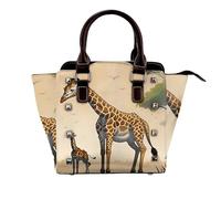 African grassland animals Women Top Handle Shoulder Bag Personality Rivet Satchel Tote Middle Size Handbag Purse Bag, Mother and Child Giraffe, One Size
