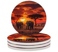 African Grassland Sunset Elephant Coasters for Drinks Set of 4, Absorbent Ceramic Drink Coasters with Cork Base, 4 Inch Round Cup Coaster for Coffee Tea Glasses Table Protection