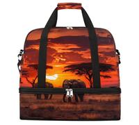 African Grassland Sunset Elephant Foldable Travel Duffel Bag Large Capacity Sports Gym Bag with Wet Dry Compartment Shoe Pocket Lightweight Carry On Overnight Weekender Bag for Women Men