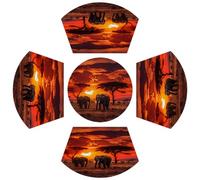 African Grassland Sunset Elephant PVC Wedge Placemats for Round Table Set of 5, Heat Resistant Table Mat with Centerpiece Round Mat, Washable Non-Slip Place Mats