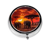 African Grassland Sunset Elephant Round Pill Box with 3 Compartments, Mini Metal Pill Organizer for Purse or Pocket, Lightweight Portable for Daily Use Gifts Travel