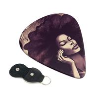 African Hair Black Women Guitar Picks 6 Pcs, 0.46mm Thickness Celluloid Plectrum with Leather Picks Holder, Personalized Guitar Pick for Bass Electric Acoustic Guitars Lovers Gift