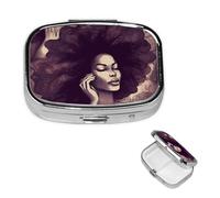 African Hair Black Women Pill Box 2 Compartment Square Portable Pill Case for Pocket or Purse Small Weekly Medicine Planner Travel Pillbox with Mirror Decorative Metal Vitamin Holder Gifts