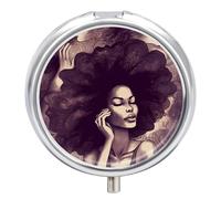 African Hair Black Women Pill Box Medicine Pill Organizer 3 Compartment Daily Pill Case Small Pill Container Round Pill Holder Travel Pill Box Metal Pill Case for Purse Pocket