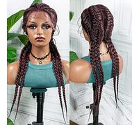 African Handmade Braided Wig Synthetic Lace Wig 26 Inch Box Braid Wig - Knotless Braided Wig with Baby Hair for Black Women Cornrow Braided Wig(Wine red)