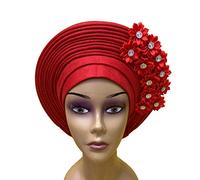 African Headtie Turban Nigerian Aso Oke Fabric Muslim Headwear Gele Head Wrap Sego Headtie Auto Gele Heaeddingdtie Already Made Women's Headband For W Party (Red)