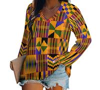 African Kente Cloth Ethnic Art Pattern Women's Tunic Tops Casual V-Neck Long Sleeve T-Shirts for Leggings Funny