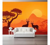 African Landscape Grassland Trees Antelope Wall Mural Wallpaper, Non Self Adhesive Paste The Wall Mural for Living Room Bedroom, Orange Color High Definition Art Wall Decor - 250 x 175 cm (W x H)