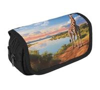 African Landscape Nile River Giraffe Pencil Case Organizer Large Capacity Cute Pen Pouch with 3 Compartment Office Stationery Large Pencil Bags with Zipper Fabric Pen Bag for Adults Portable Makeup Ba