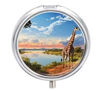 African Landscape Nile River Giraffe Pill Organizer 3 Compartment Travel Pillbox with Mirror Daily Medicine Pill Case Metal Pill Box for Purse & Pocket Portable Small Medicine Box Round Vitamin Case C
