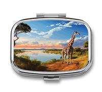 African Landscape with Nile River And Giraffe Pill Case 2 Compartment Metal Small Pill Box Travel Pill Organizer Portable Medicine Container Mini Daily Medication Holder for Vitamin Container Fish Oil