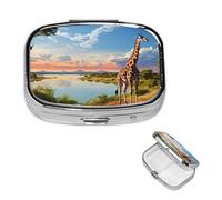 African Landscape with Nile River and Giraffe Pill Case with Mirror Retro 2 Compartment Pill Box Small Pill Organizer for Purse or Pocket Decorative Metal Medicine Vitamin Organizer Unique Gifts