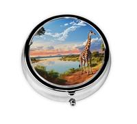 African Landscape with Nile River and Giraffe Pill Case with Mirror Retro 3 Compartment Pill Box Small Pill Organizer for Purse or Pocket Decorative Metal Medicine Vitamin Organizer Unique Gifts