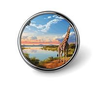 African Landscape with Nile River And Giraffe Round Brooch Pin Aluminum Alloy Lapel Badge with Art Design Decorative Pin for Jackets Backpacks Fashion Accessory for Daily Wear And Party Decoration