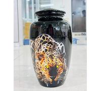 African Leopard Cremation Urn for Adult Human Ashes for Funeral, Burial or Home | Large Handcrafted Funeral Memorial with Elegant Black Leopard Watching Hunt(Aluminum - 10X7inches)
