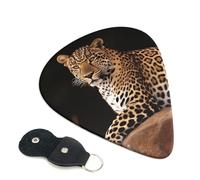 African Leopard on Rock Guitar Picks 6 Pack with Leather Guitar Pick Holder Keychain, Plectrum Key Fob Cases Bag, Abstract Art Plectrum for Acoustic Electric Guitar, Ukulele 0.96mm