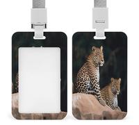 African Leopard on Rock ID Badge Holder Waterproof Card Protector Push-Pull Slot Work ID Card Holder with Lanyard Personalized Detachable Card Holders for Office Corporate Use