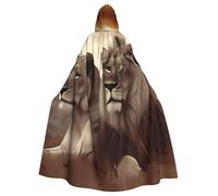 African Lion And Lioness Halloween Adult Hooded Cloak Long Costume Cape with Ribbon Tie, Full Print Cosplay Robe for Party & Masquerade