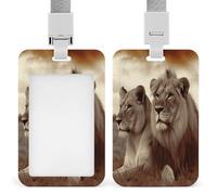 African Lion and Lioness ID Badge Holder Waterproof Card Protector Push-Pull Slot Work ID Card Holder with Lanyard Personalized Detachable Card Holders for Office Corporate Use
