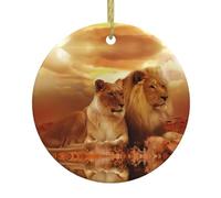 African Lion and Lioness Patterned round hanging ornament, ceramic pendant, suitable for hanging on Christmas trees and fireplaces.