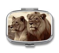 African Lion and Lioness Pill Box 2 Compartment - Small Metal Medicine Organizer Portable Pill Case for Purse Pocket Travel Vitamin Organizer for Men Women, BPA-Free