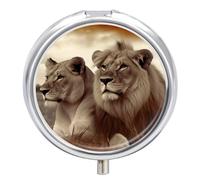 African Lion And Lioness Pill Box Case 3 Compartment Travel Medicine Pill Organizer 3x A Day Portable Vitamin Organizer with Mirror Small Pillbox for Purse & Pocket Cute Daily Medicine Container Metal