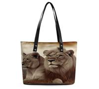 African Lion And Lioness Tote Bag Large Soft Leather Purse with Zipper Lightweight Ladies Shoulder Handbag