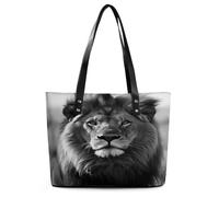 African Lion Black And White Tote Bag Large Soft Leather Purse with Zipper Lightweight Ladies Shoulder Handbag