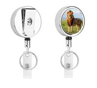 African Lion Cute Retractable Metal ID Badge Holder Reel Clip Keychain for Office Work