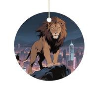 African Lion Double-Sided Ceramic Christmas Ornaments - Round Hanging Mini Xmas Tree Decorations, Ideas for Farmers, Rustic Home Decor for Indoor Outdoor Tree Decor