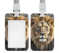 African Lion Head Id Badge Holder with Breakaway Lanyard Abs Plastic Name Tag Holder Vertical Clear Front Window Push Slide Card Protector Gift for NurseTeacher Office Staff & Events