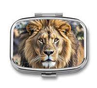 African Lion Head Pill Box 2 Compartment - Small Metal Medicine Organizer Portable Pill Case for Purse Pocket Travel Vitamin Organizer for Men Women, BPA-Free