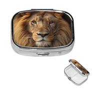 African Lion Head Pill Case with Mirror Retro 2 Compartment Pill Box Small Pill Organizer for Purse or Pocket Decorative Metal Medicine Vitamin Organizer Unique Gifts