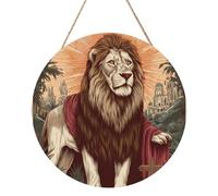 African Lion Round Wood Panel Painting 12 Inch Hanging Plaque Rustic Farmhouse Wall Art Home Decor with Rope